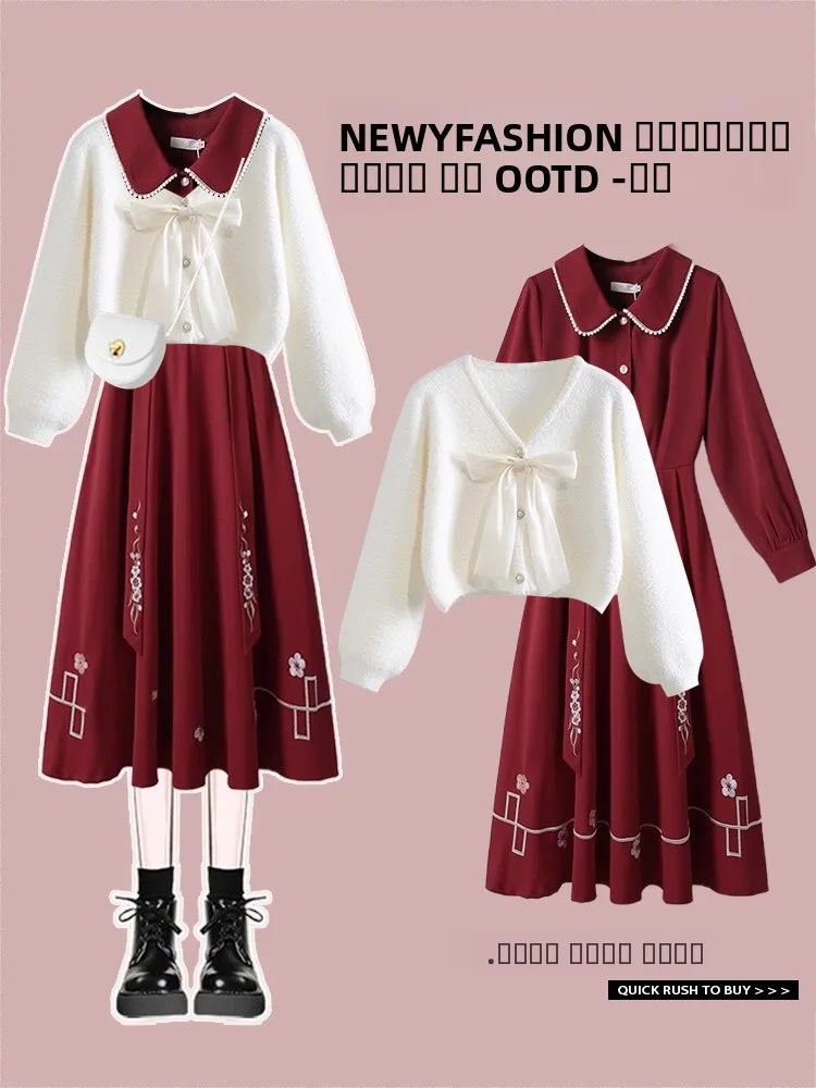 

Ретро-красный вязаный свитер для женщин, осенне-зимний, с утягивающим эффектом на талии, уникальный дизайн, длина до колена