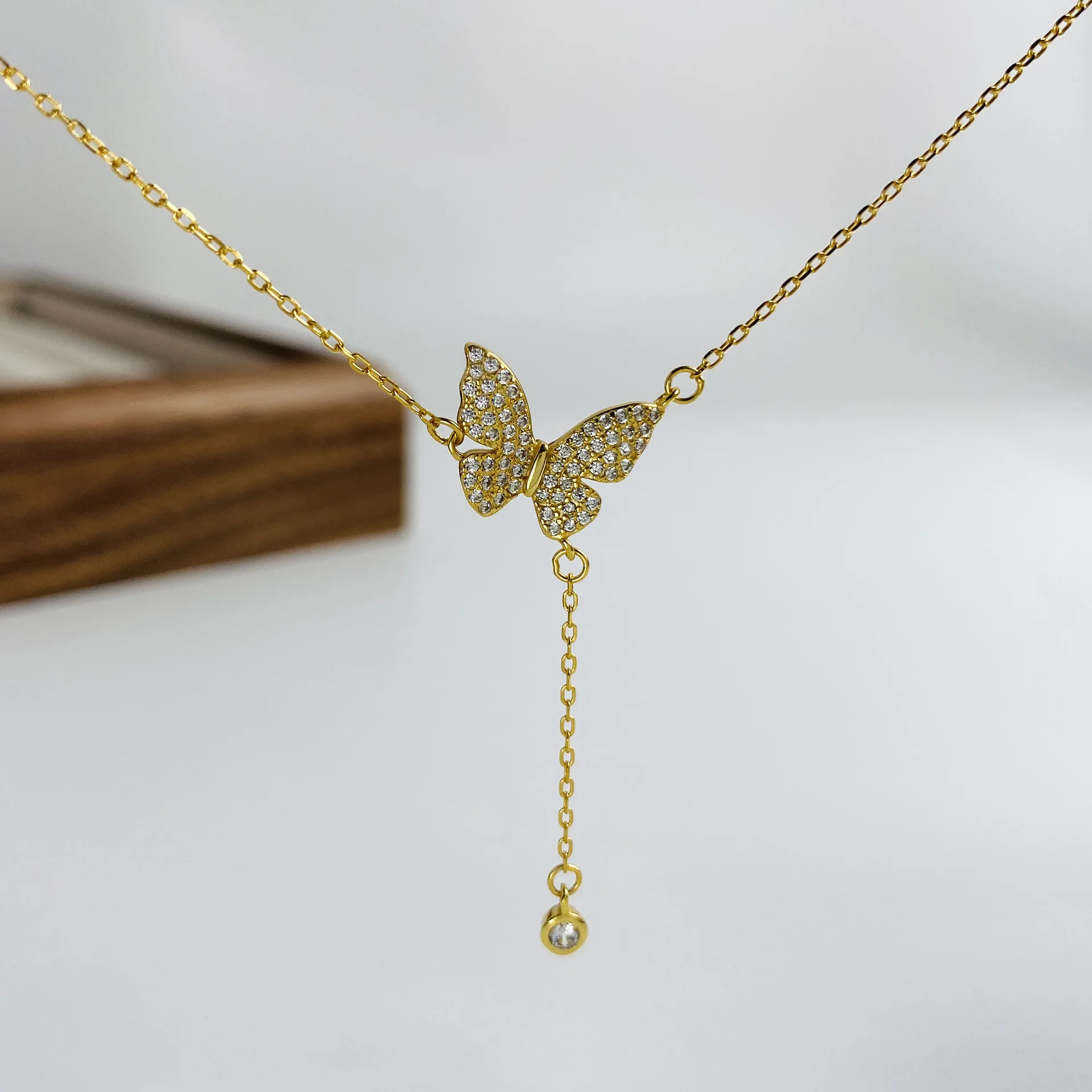 قلادة فراشة رائعة للنساء ، فضة إسترليني ، شرابة الزركون ، فاخرة خفيفة ، مجوهرات راقية