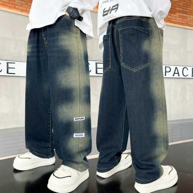 

Stylish Boy Vintage Blue Gradient Jeans Kids Autumn Hip-Hop Street Gothic Casual Denim Pants School Child Retro Jeans Trousers