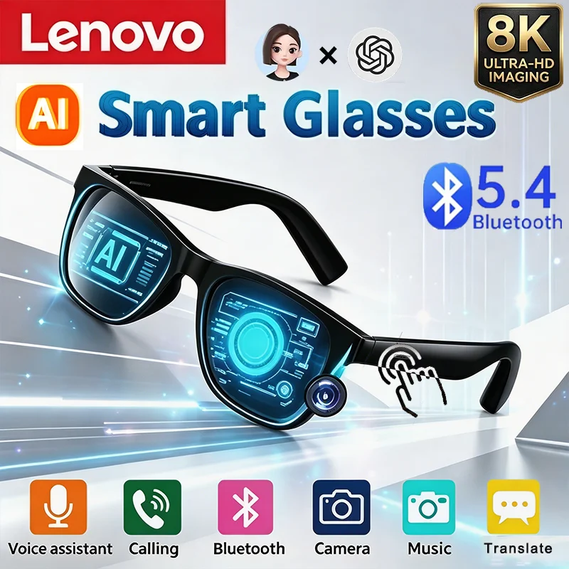 Lenovo Bluetooth5.4 AI Smart Glasses 8K Camera Photo Recording Remote Control Touch Translator Voice Assistant Wireless Sunglass