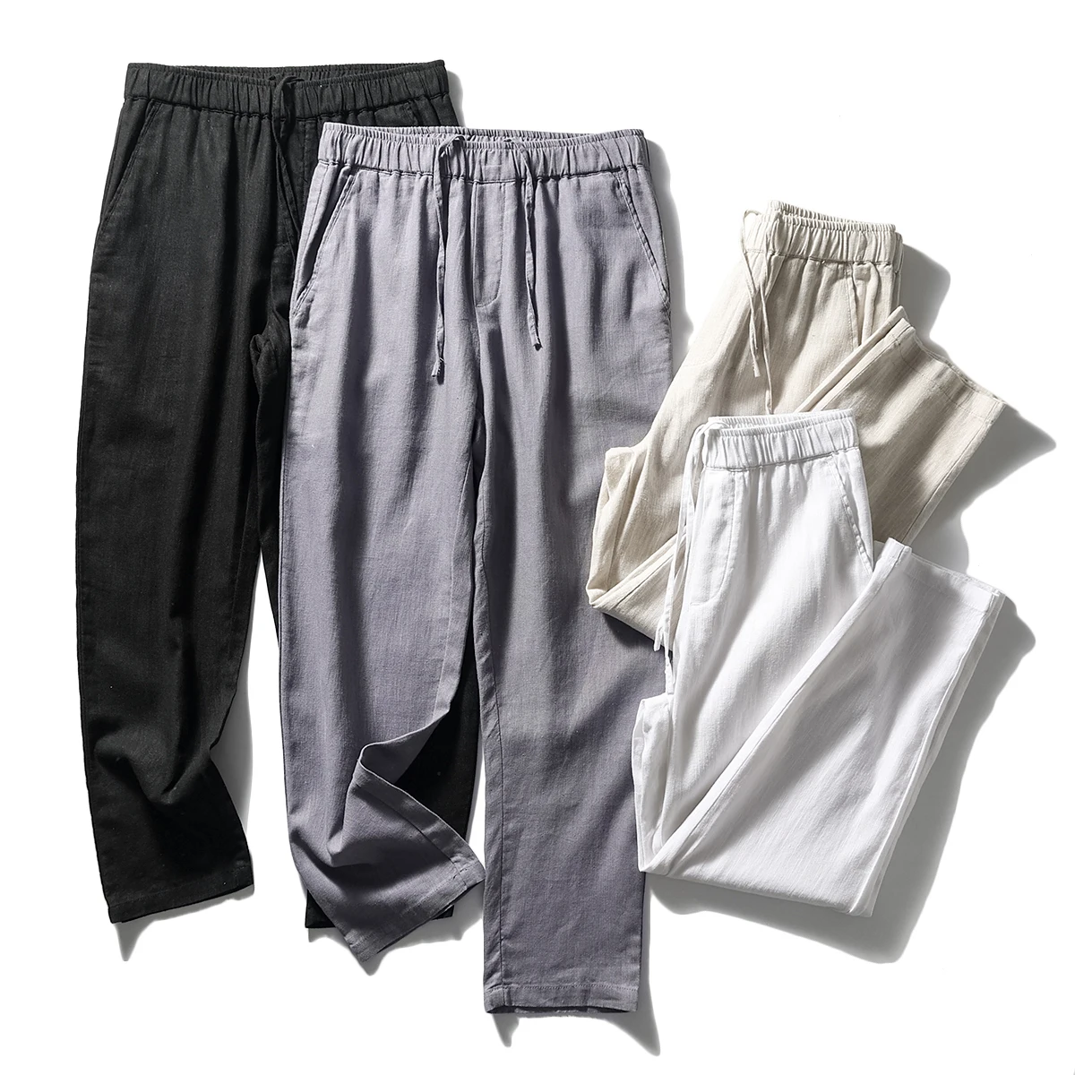 

Высококачественные льняные удобные весенние мужские повседневные легкие тонкие прямые брюки с удобной талией, дышащие однотонные брюки