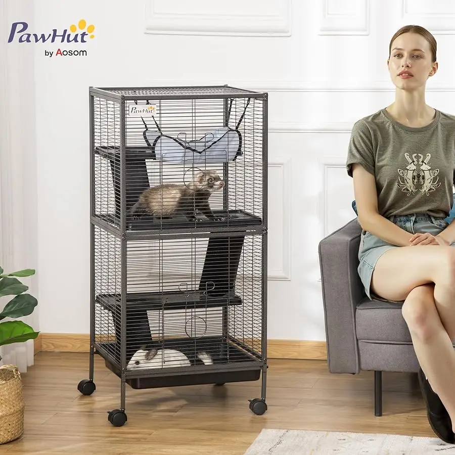 

Metal Small Animal Cage, 4-Tiers Rolling Big Ferret Cage with Hammock, Remo able Tray, for Chinchilla, Sugar Glider, Gray