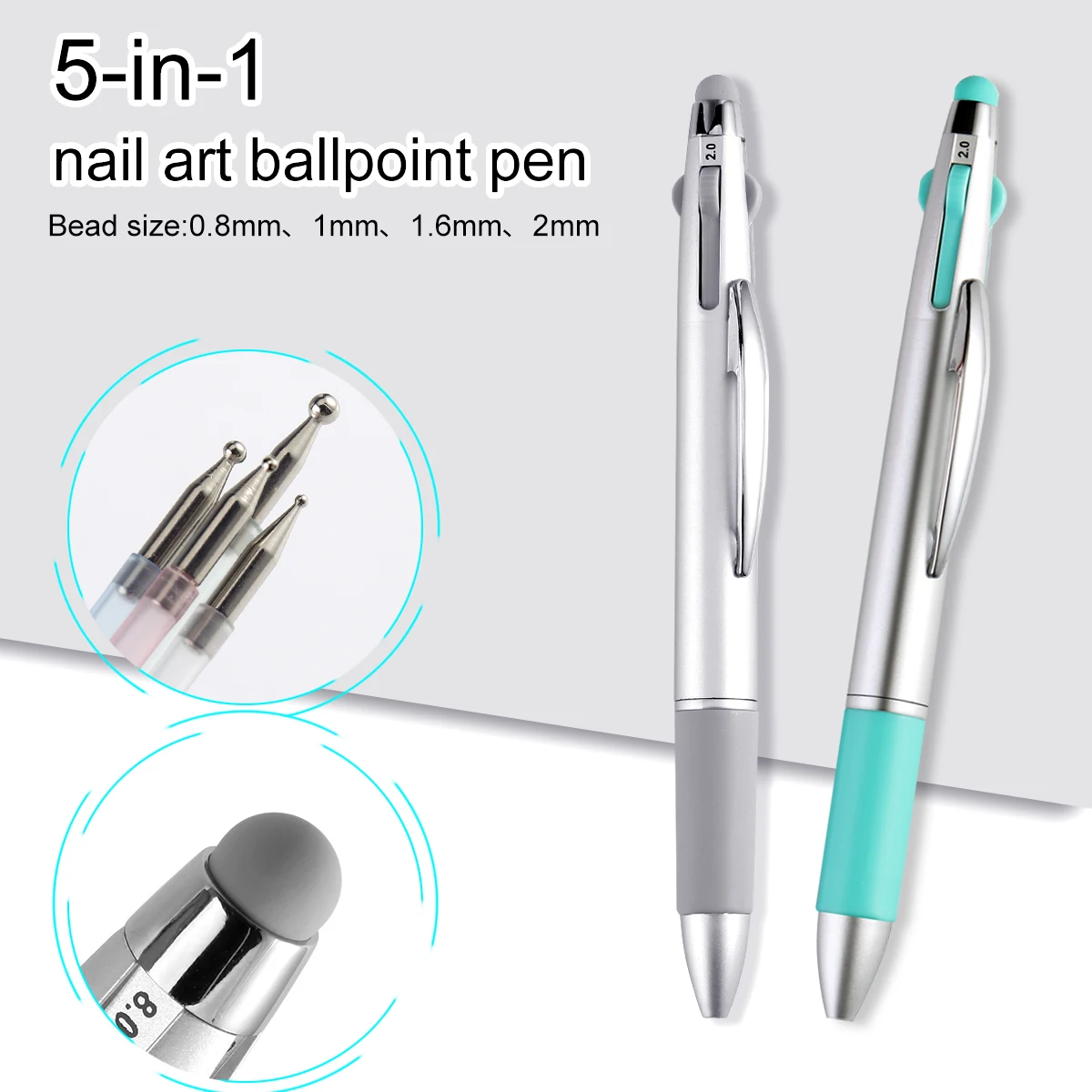 5-in-1 Ballpoint Pen, Press-Type Multi-Functional Nail Art Pen, Blending, Outlining, Dotting, and Powder-Smearing Nail Tool