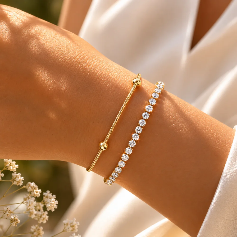 2PCS Stainless Steel Gold Plated Bracelet for Women Dainty Zircon Tennis Bracelet Adjustable Snake Chain Stackable Wrist Jewelry