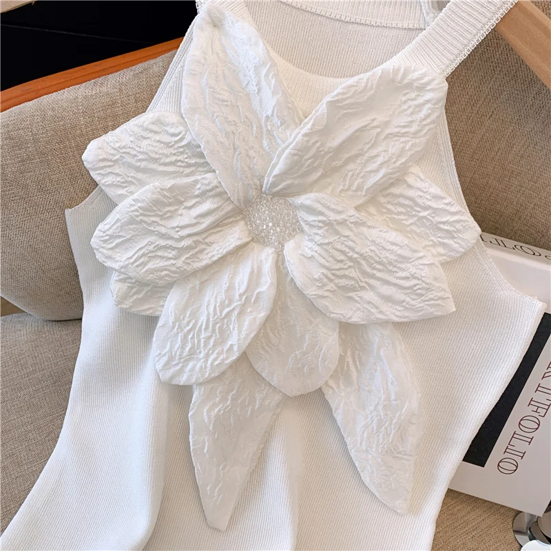 Chic Sweet Fashion Summer Black White 3D Beading Large Flower Knitted Tank Tops Women Halter Sleeveless Elastic Knitwear Vest