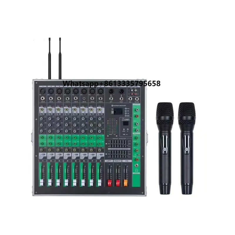 

2X2600W/4X2000W High Power Integrated Power Amp Mixer 8 Channel 16 DSP with 2 Wireless Microphones and BT