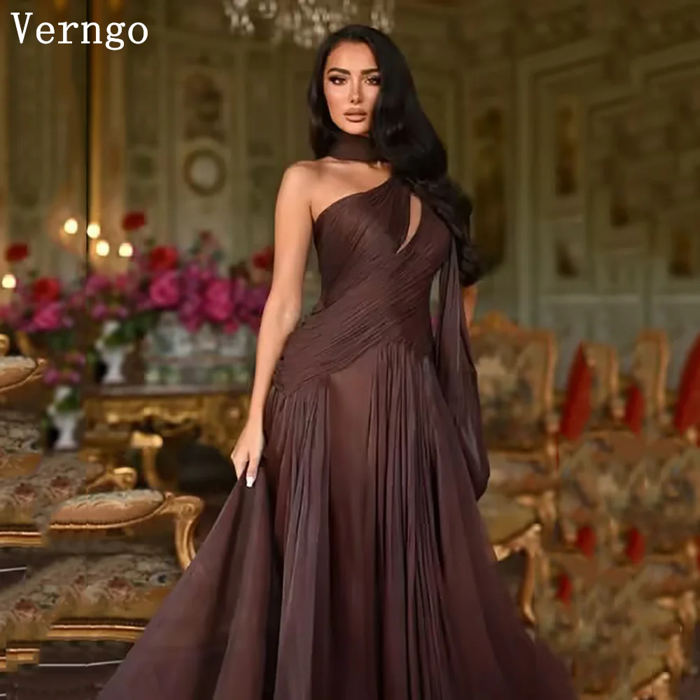 فستان سهرة شيفون بني من Verngo بكتف واحد على شكل حرف A فستان للحفلات الراقصة ماكسي شال مطوي فستان حفلات مخصص #1
