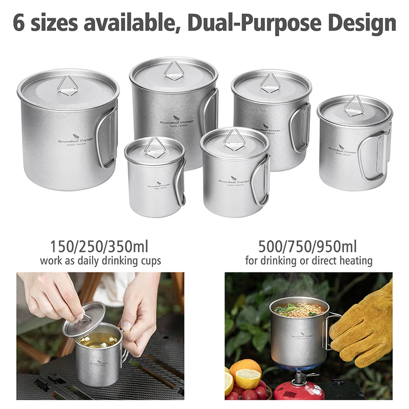 Boundless Voyage Titanbecher Ultraleichter Camping-Kaffee-Bier-Tee-Becher, bei offenem Feuer erhitzbarer Topf, Outdoor-Kochgeschirr, spülmaschinenfest – Detail 4