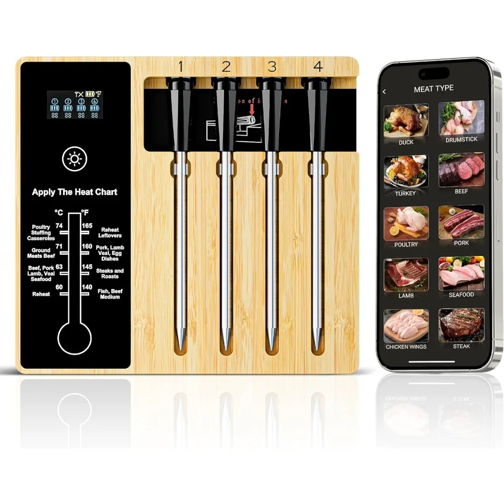 

Умный беспроводной термометр для мяса, 4 зонда, термометр для еды Bluetooth, удаленное отслеживание и чтение в реальном времени с приложениями