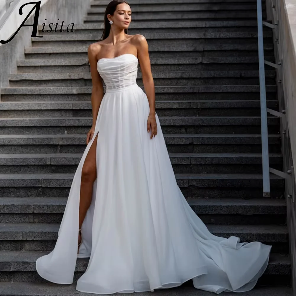 Personalizado querida plissados vestido de casamento uma linha lado dividir vestidos de noiva zíper volta com arco tribunal trem vestidos de novia