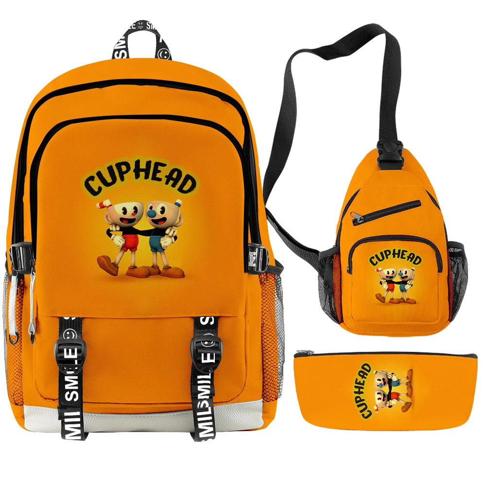 Popular Trendy Funny Anime Cuphead 3D Print 3pcs/Set Student School Bags multifunction Travel Backpack Chest Bag Pencil Case