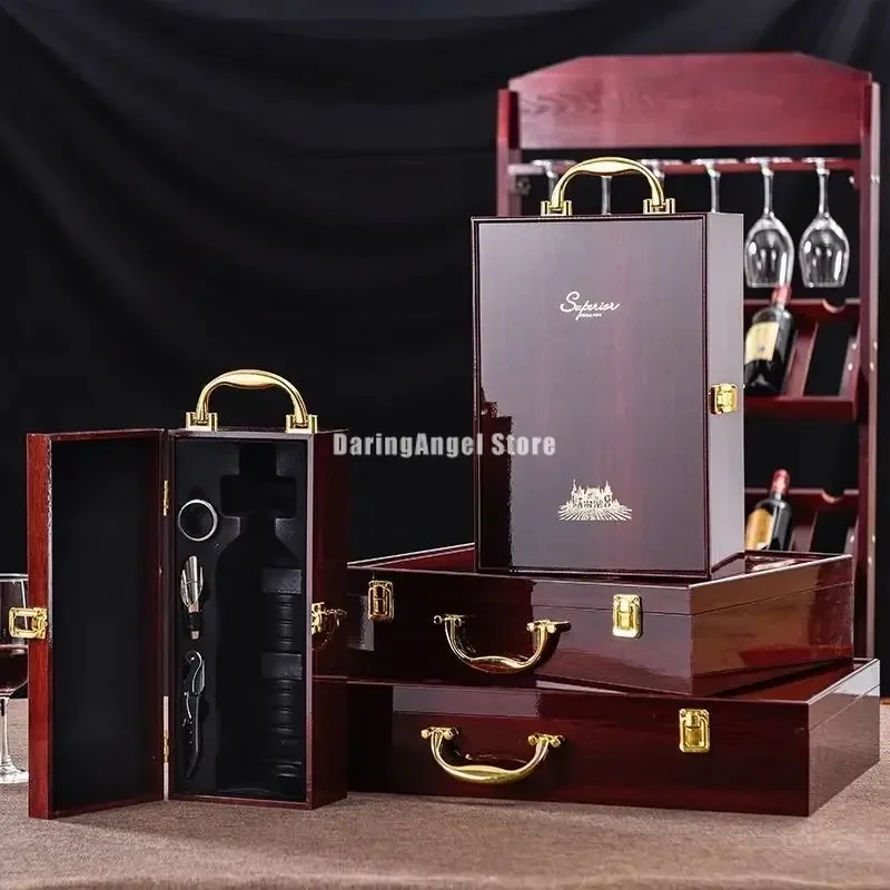 Luxury Double Leather Box Wine Bottle Wooden Organizer Wood Holder for Red Champagne with Cocktail Set