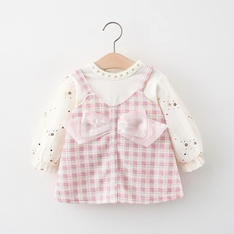 Girl\'s Spring and Autumn New Dress Small Fragrant Wind Long sleeved Fake Two Piece Checkered Mesh Princess Dress