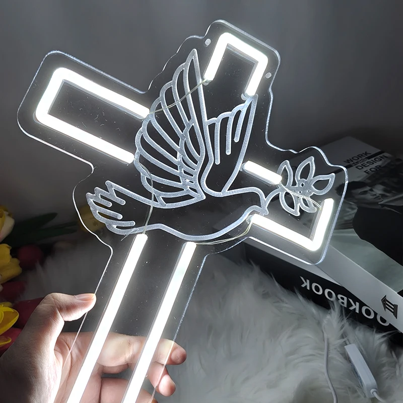 Christian Religious Neon Sign LED Cross Dove Acrylic Lights Decoration Church Wall Neon Lamps Home Festival illuminated Signs