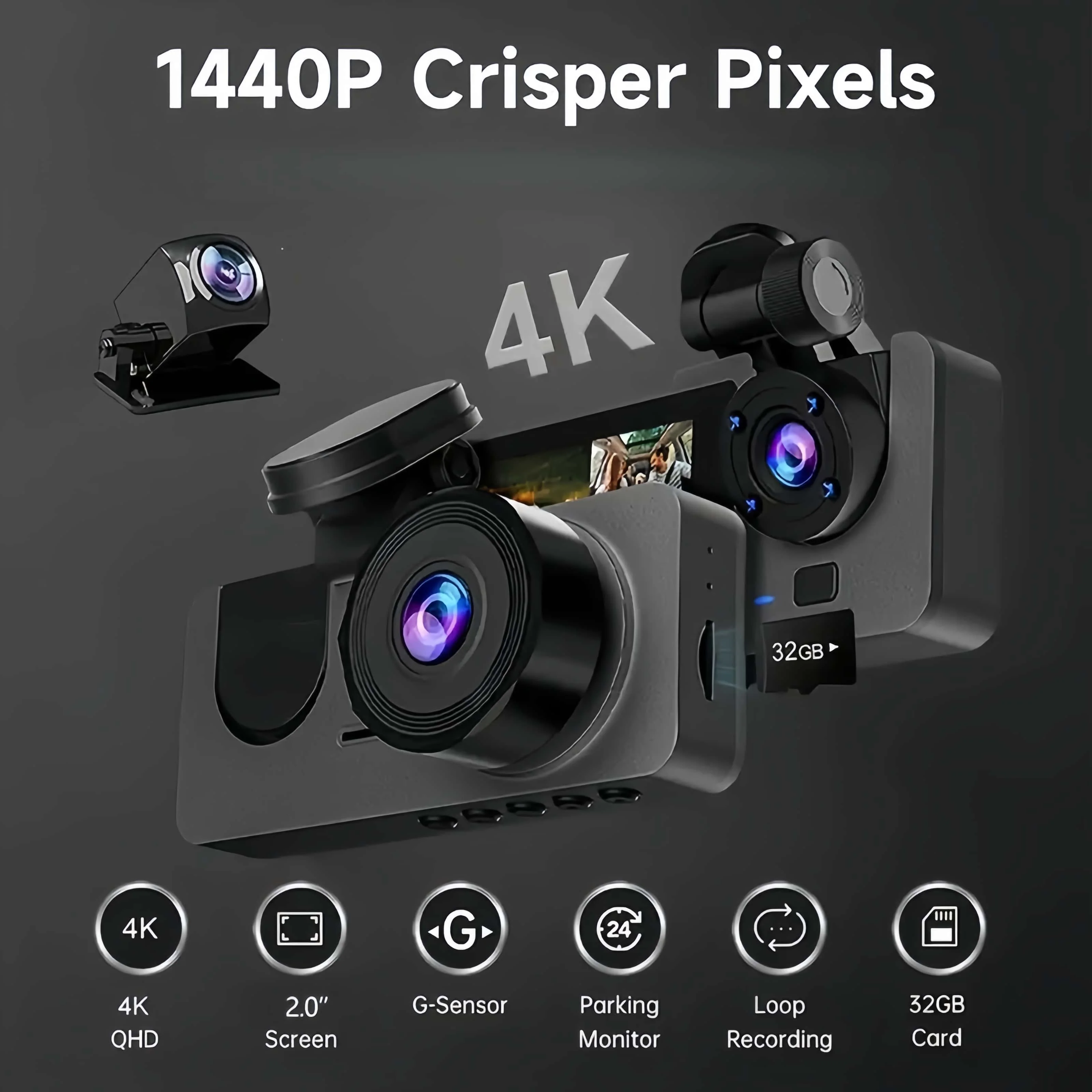 هدية العيد النهائية! كاميرا داش ثلاثية 4K مع شاشة 2 بوصة، رؤية ليلية بالأشعة تحت الحمراء وبطاقة سعة 32 جيجابايت. وضع ركن السيارة 24/7. أمامي/خلفي/كابينة