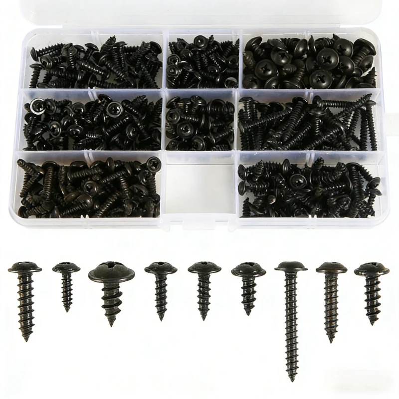 

340PCS M3M3.5M4M4.8 Cross Round Head Self Tapping Screw with Washer PWA Screw Black Plated Pan Head Phillips Tapping Screws