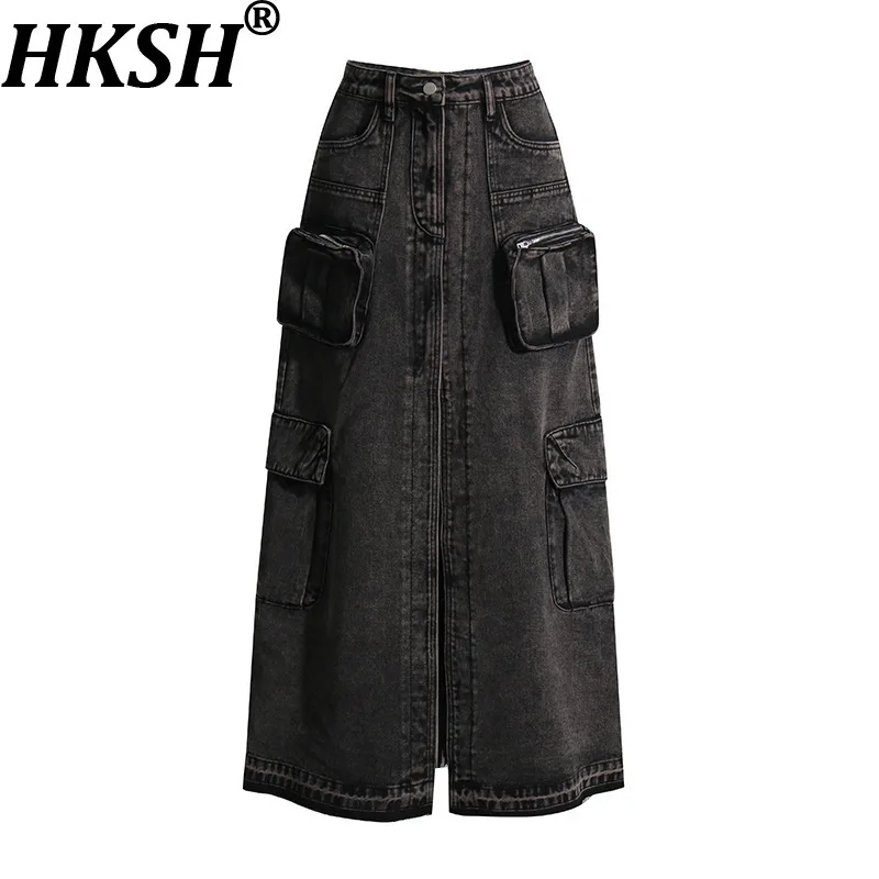 HKSH Spring Autumn New Women Denim Skirt Multi-pocket Split A-line Cersatile Vintage Streetwear Safari Style Chic Skirts HK13648