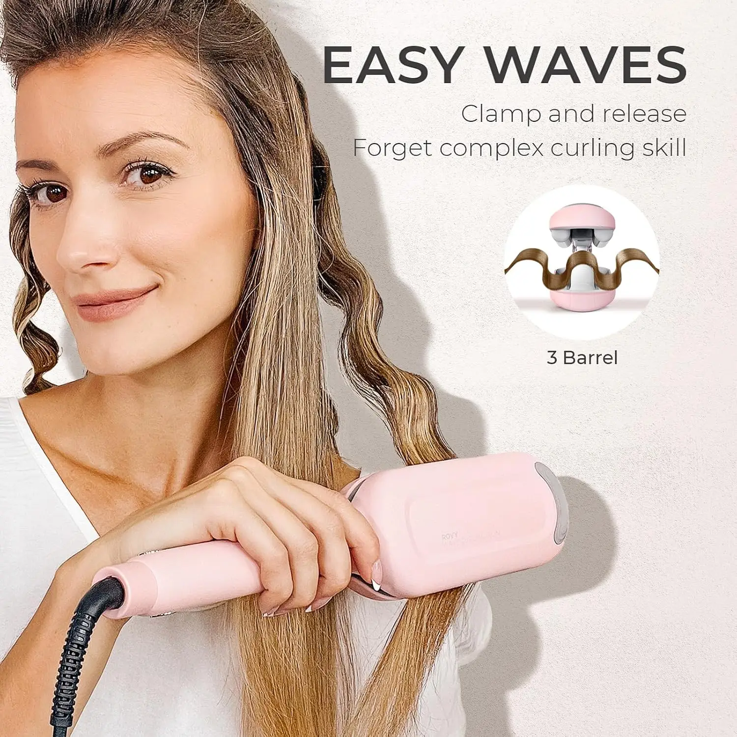 1.25 Inch 3 Barrel Curling Iron for Beach Waves, Ionic Ceramic Hair Crimper, Anti-Scald, Dual Voltage, Easy Clamp, Fast Heating - view 2