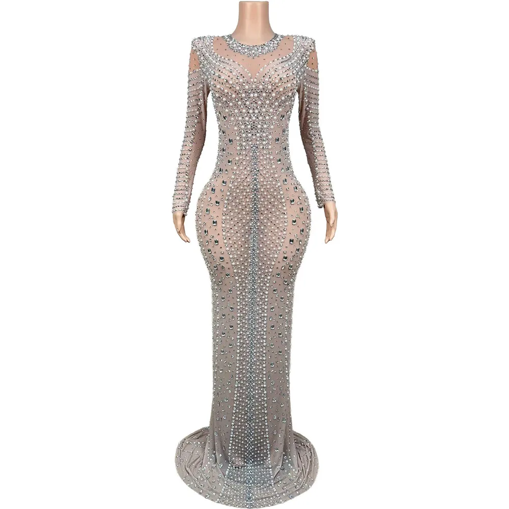 Luxuriöses Silbernes Funkelndes Perlen-Kristall-Langes Kleid Durchsichtiges Mesh Sexy Damen-Abendkleid Hochwertiges Langarm-Abendkleid Bühnenoutfit