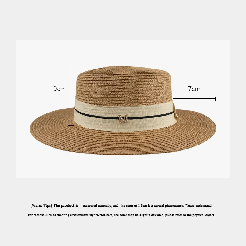 Topi Musim Panas Wanita Topi Jerami dengan M-mark Topi Jazz Fashion Retro Inggris Topi Tabir Surya Liburan Pantai