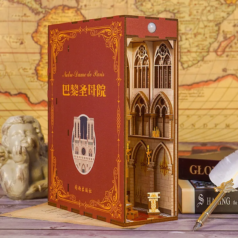 New Tonecheer Notre-Dame De Paris DIY Book Nook Bookend Wooden Puzzle Diorama Model Kit 3D Dollhouse Decoration Surprise Gifts