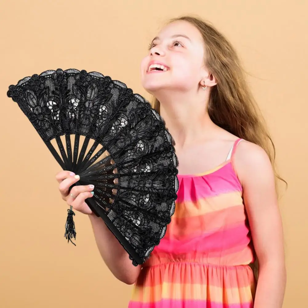 Lace Folding Hand Held Fan Chinese Folding Fans Vintage Bamboo Tassel Fan Vintage European And American Elegant Hand Held Fan