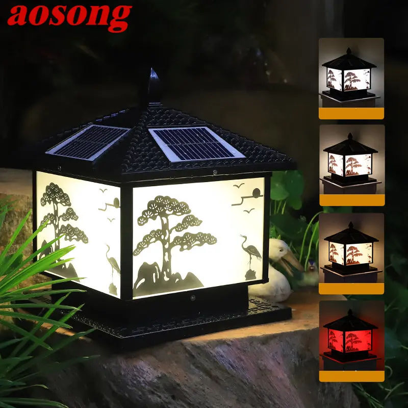 AOSONG Solar Post Lamp Outdoor Vintage Pine Crane Decor Pillar Light LED Waterproof IP65 for Home Courtyard Porch