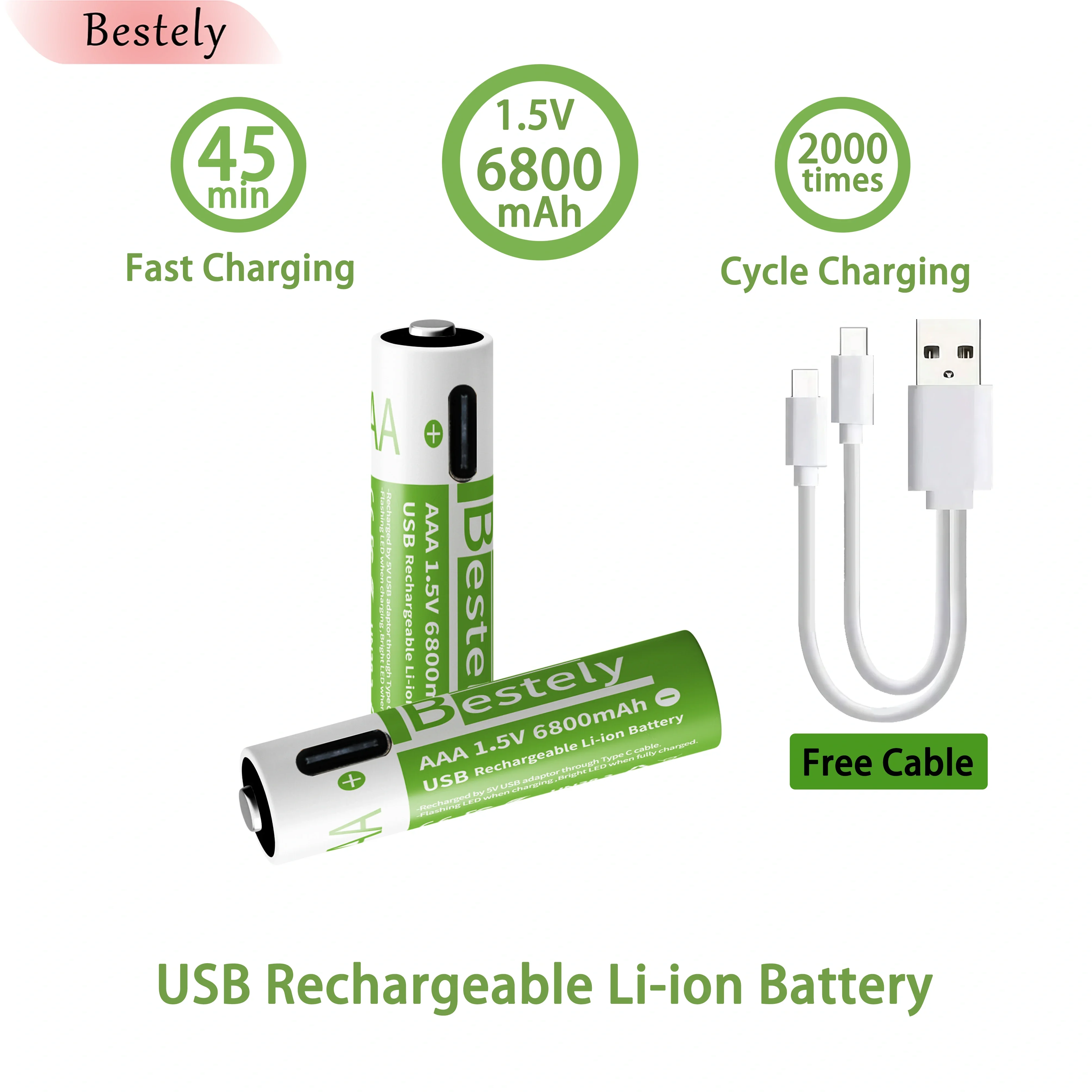 Bestely 1.5V 6800mAh AAA Li-ion Rechargeable Battery free Type-C Cable 2000 Cycle Charge Equipped Triple-layer Safety Protection