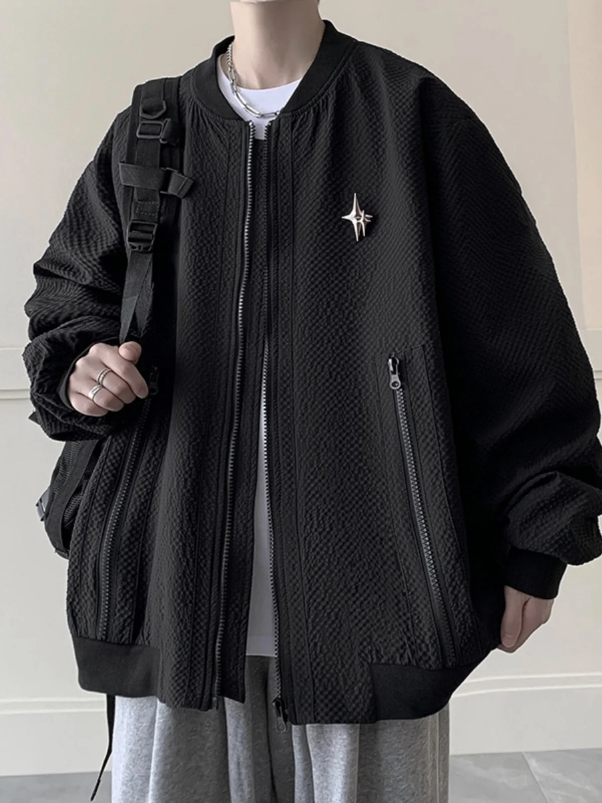 

American Sle Street Baseball Jaet Men's Oversize Flight Jaet Waterproof Polyester Fabric Zipper Closure Loose Fit Coat
