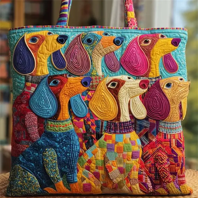 Quilted Tote Bag Colorful Cartoon Dachshund Patchwork Print Shoulder Handbag Women Casual Daily Accessory Reusable Shoulder Bag