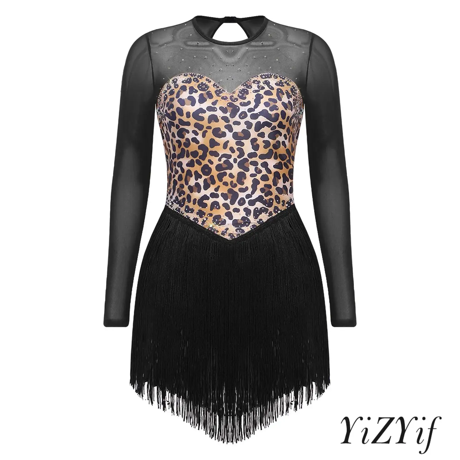 Women Cavewoman Leopard Printed Bodysuit Mesh Long Sleeve Rhinestone Back Keyhole Tassel Hem Buttoned Crotch Latin Dance Leotard