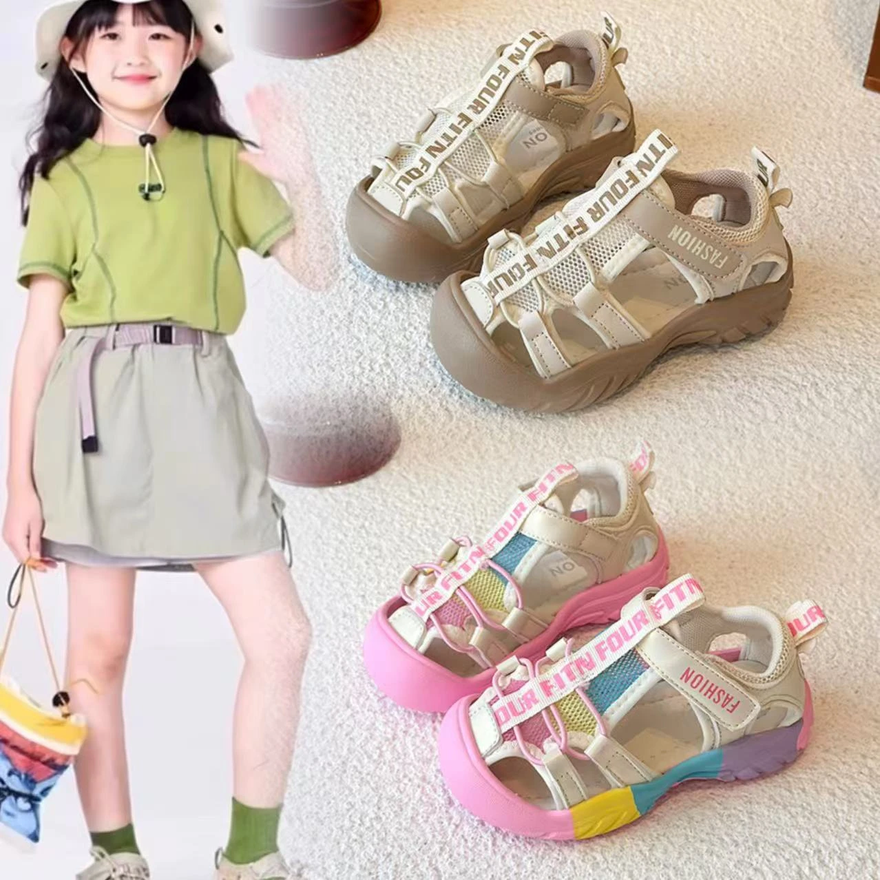 Kids Letter Mesh Platform Sandals, Adjustable Strap Breathable Thick Sole For Summer Walking Outings For Little Ones