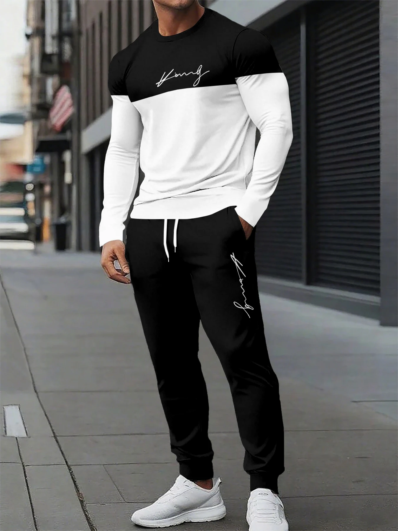 

Men's Color block 2-Piece Print Sweatshirt Sweatpants Set Autumn/Winter Loose Casual Fitness Outdoor Tracksuit Outfits