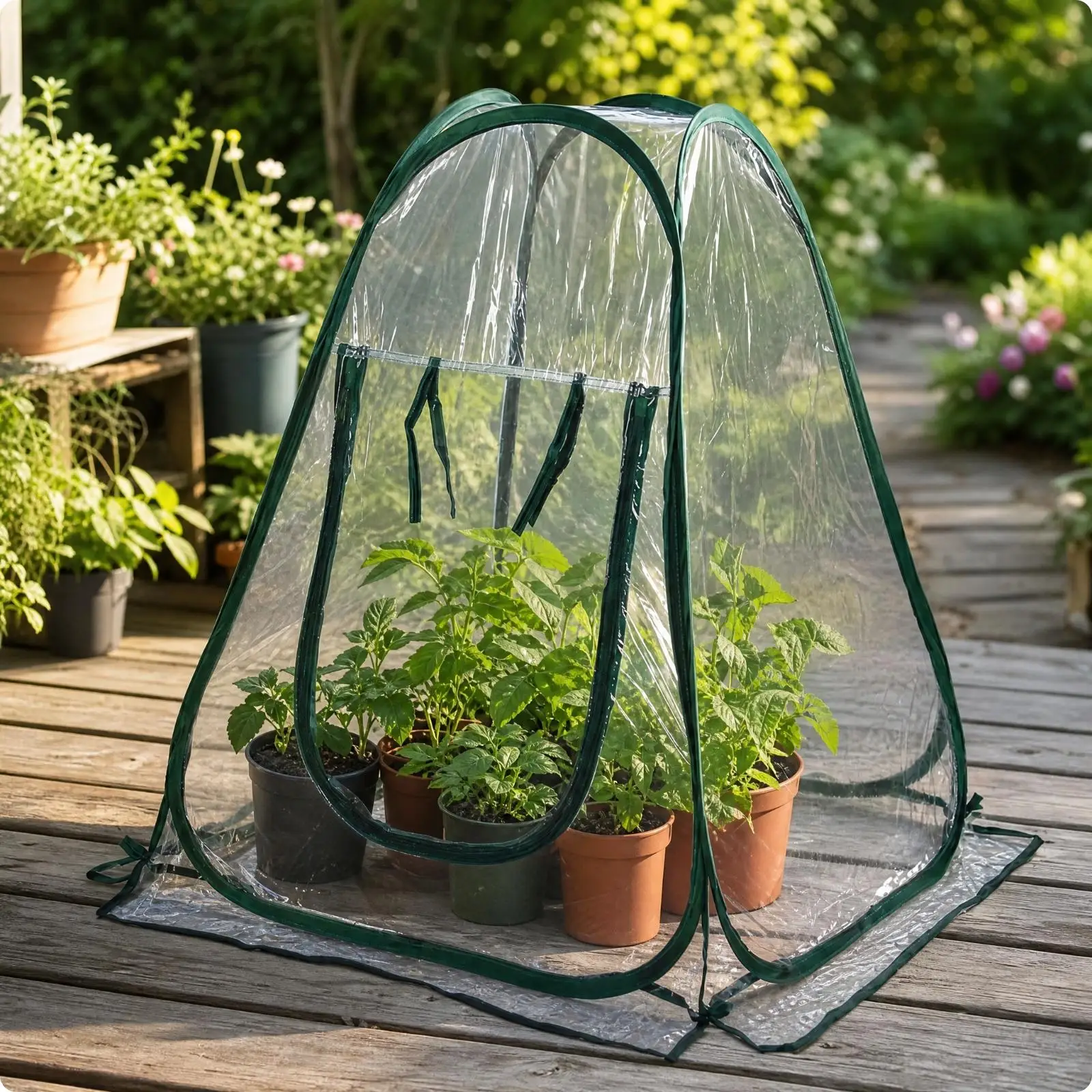Portable Foldable Greenhouse Cover with Arch Frame and Tie Straps for Small Potted Plants Balcony Garden Outdoor