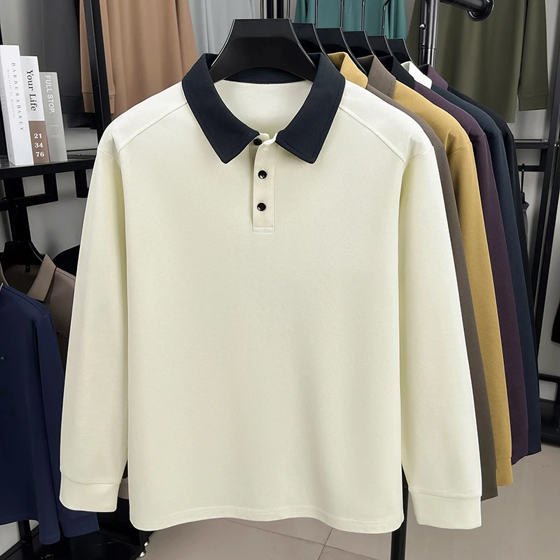 الاتجاه الفاخر طويلة الأكمام الرجال قميص بولو عالية الجودة اللون منعت التلبيب الربيع الخريف تي شيرت الكورية نمط الأعمال رداء علوي غير رسمي #6