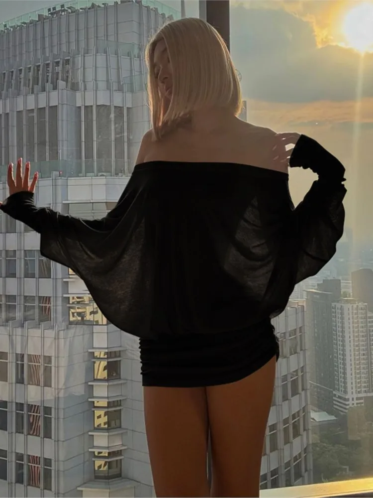 موضة جديدة قبالة الكتف شير فستان قصير وتتسابق للنساء الساخن مثير كم طويل Ruched فساتين الحفلات Bodycon الصلبة رداء فام