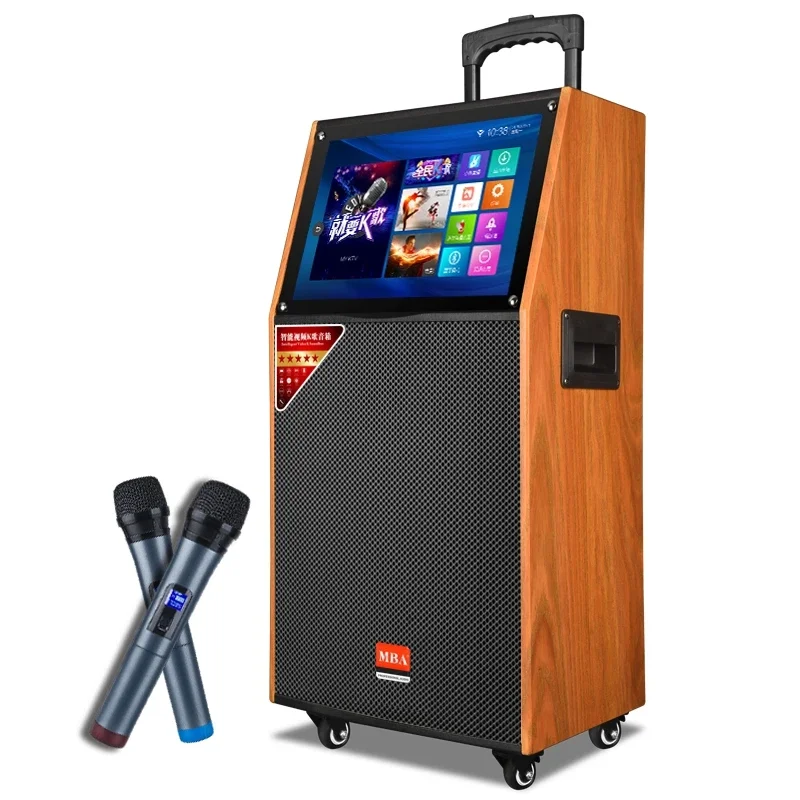 

outdoor indoor karaoke video speaker trolley wooden speaker WIFI with LED screen wireless microphone