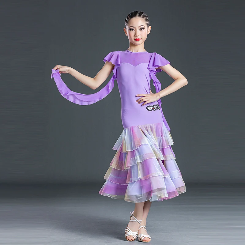 

Teen Girls Purple Ballroom Dance Competition Dress Summer Sleeveless Multi-Layer Mesh Tango Waltz Dancing Stage Costume VDB5653