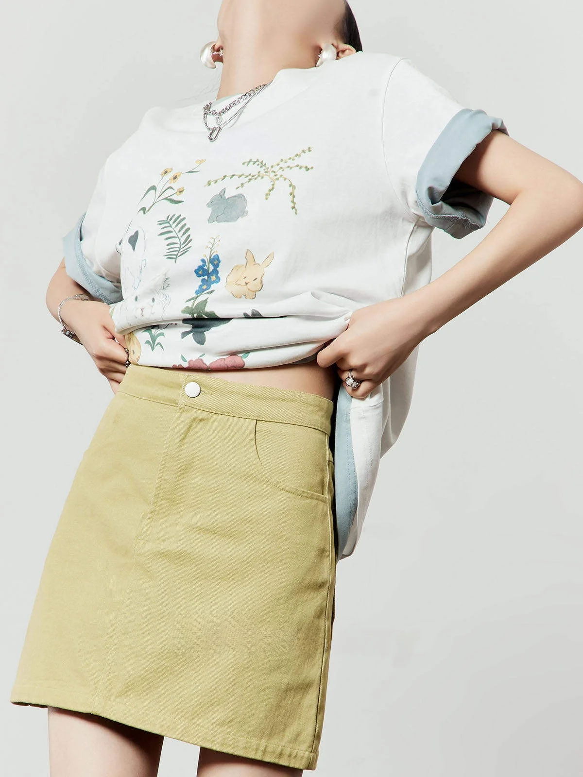 

White Printed T-irt Women's Summer New Sle Loose Commute round Ne ort Sve Cotton Blend Elastic Fiber Plant Floral