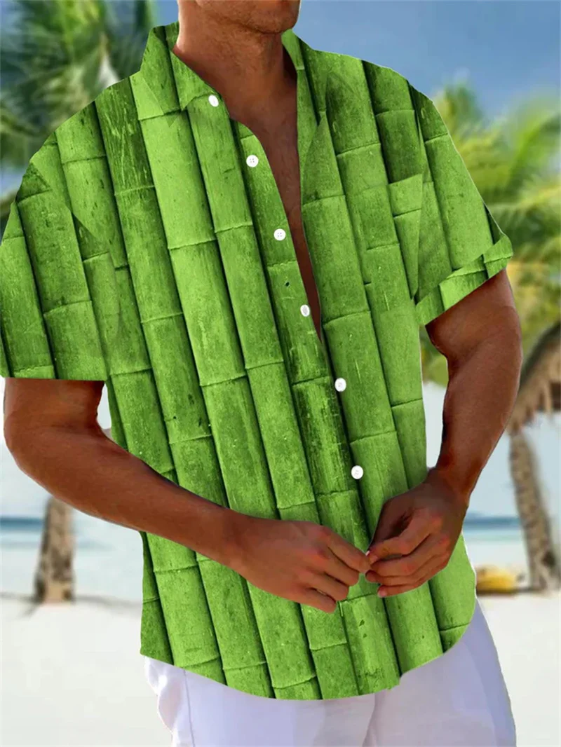 2025 casual short sleeved fitted top men's clothing new style lapel button men's shirt retro tree print beach shirt