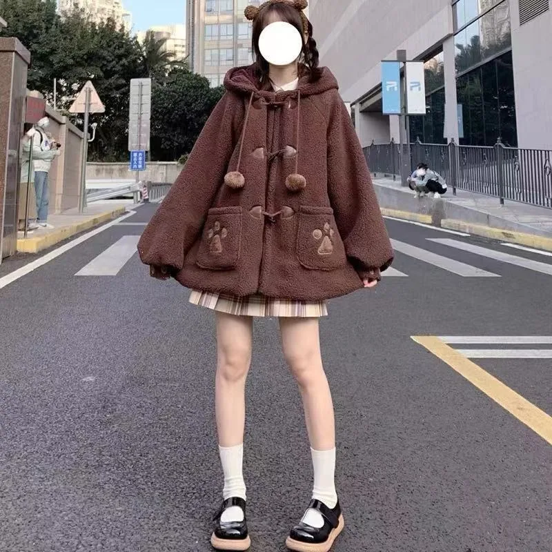 Harajuku Kawaii Lambswool Lolita Jackets Thicked Warm Loose Coat Women Y2k E-Girl Long Sleeve All-match Abrigo Mujer Winter New