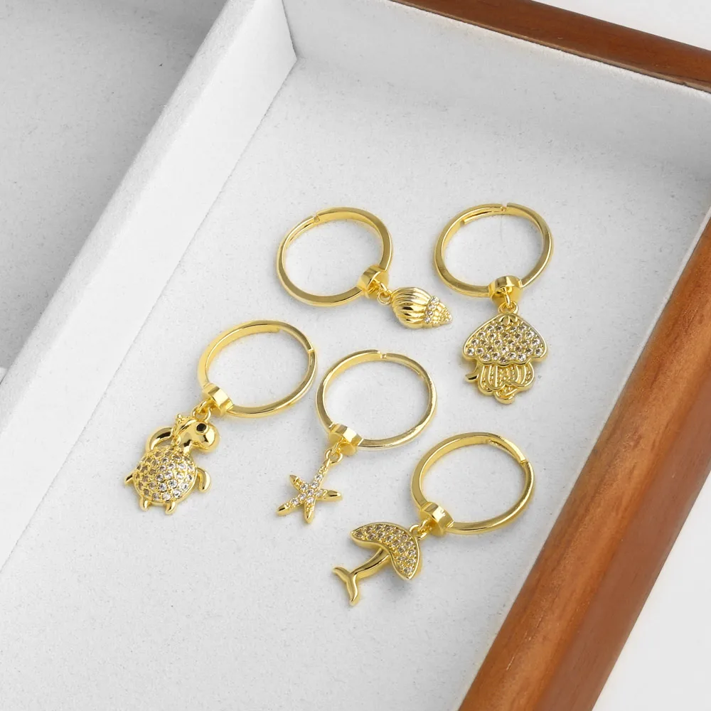 OCESRIO White Crystal Small Turtle Statement Women Rings Copper Jellyfish Whale Tail Star Open Ring Fashion Jewelry Gift rigs38