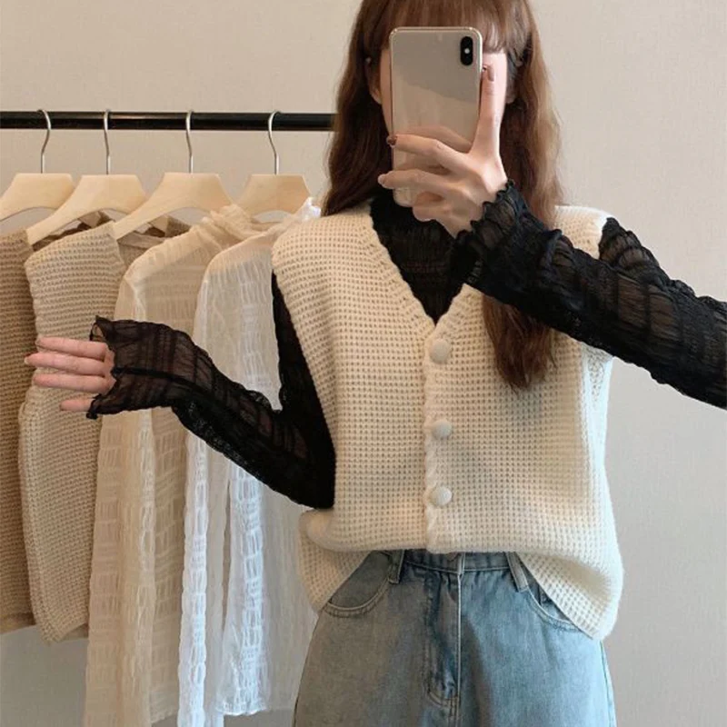 

Women Short Knitted Vest Spring Autumn Sleeveless Single Breasted Cardigan Sweater Korean Vintage Casual Knitting Tank Tops