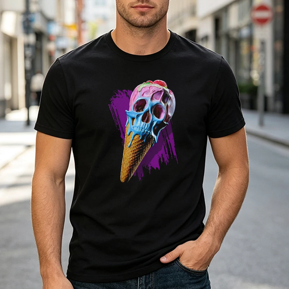 Ice Cream Skull Cone Men Black T Shirt Summer Dessert Vibe Spooky Creepy Cute Trendy T Shirt Harajuku Graphic Top