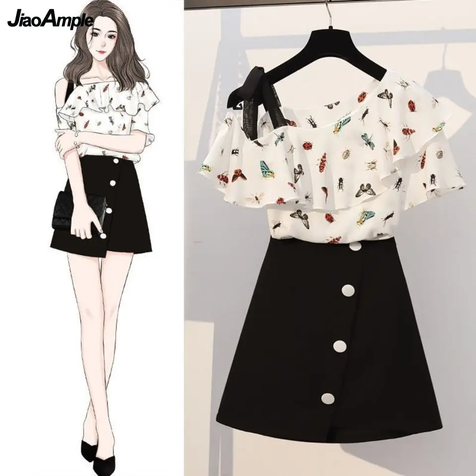 2022 Summer Women New Two Pieces Skirts Set Chiffon Short Sleeve Shirt+Mini A-Line Skirt Suit Lady Sweet Print Off Shoulder Top