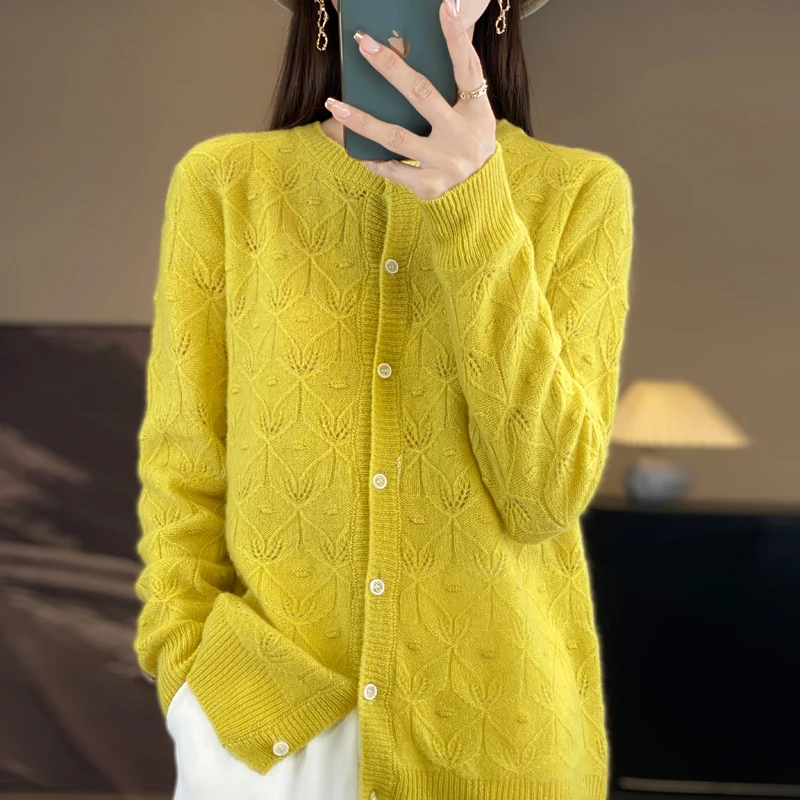 2024 Spring and Autumn New Women\'s Cardigan 100% Merino Wool Sweater O-neck Hollow Elegant Cashmere Knitted Coat Fashion Top