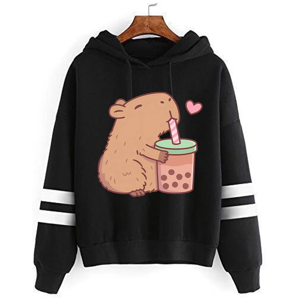 Sudadera con capucha con estampado de Capybara Drinks Boba, sudaderas con capucha con gráficos de dibujos animados divertidos, moda japonesa, camisetas informales de manga larga con capucha para mujer, jerséis