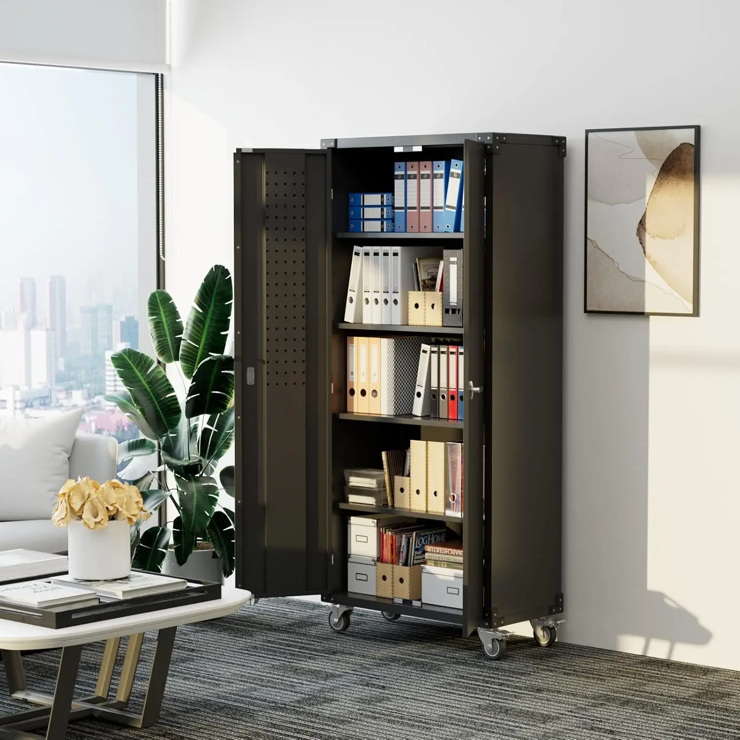 Cabinet with Wheels and Pegboard, Lockable Rolling Steel Storage Cabinet with 4 Adjustable Shelves and Door fo