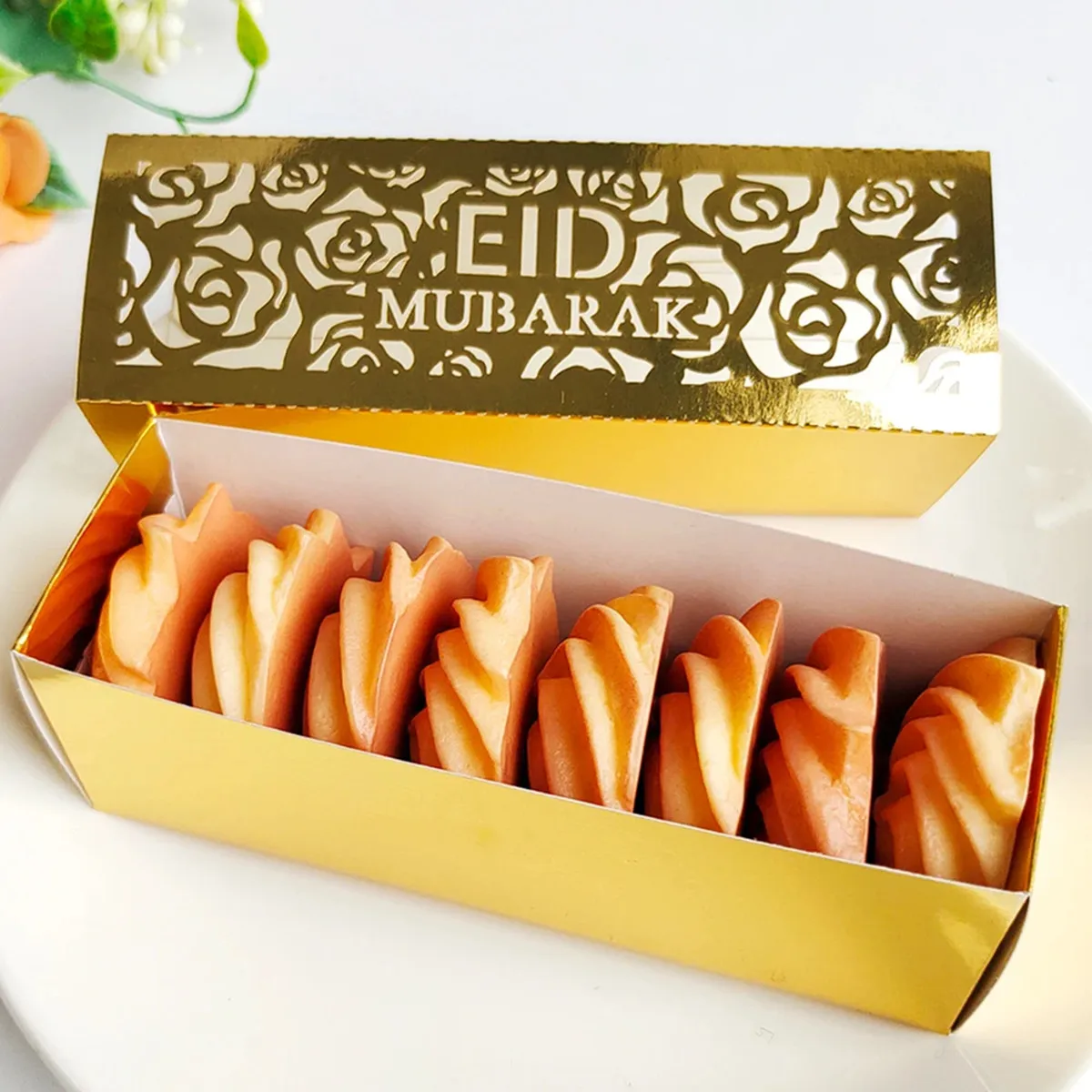 5PCS Gold Ramadan Candy Box, Mini Ausschnitt Rose Muster Schokolade Papier Box, Iftar Festliche Party Geschenk Box, Hochzeit Süßigkeiten Box