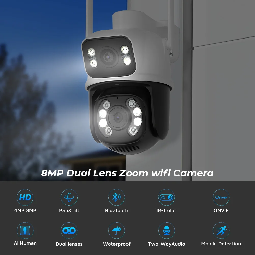 BESDER 8MP PTZ Wifi Camera Outdoor Night Vision Dual Screen Human Detection 4MP Security Protection CCTV Surveillance IP Camera